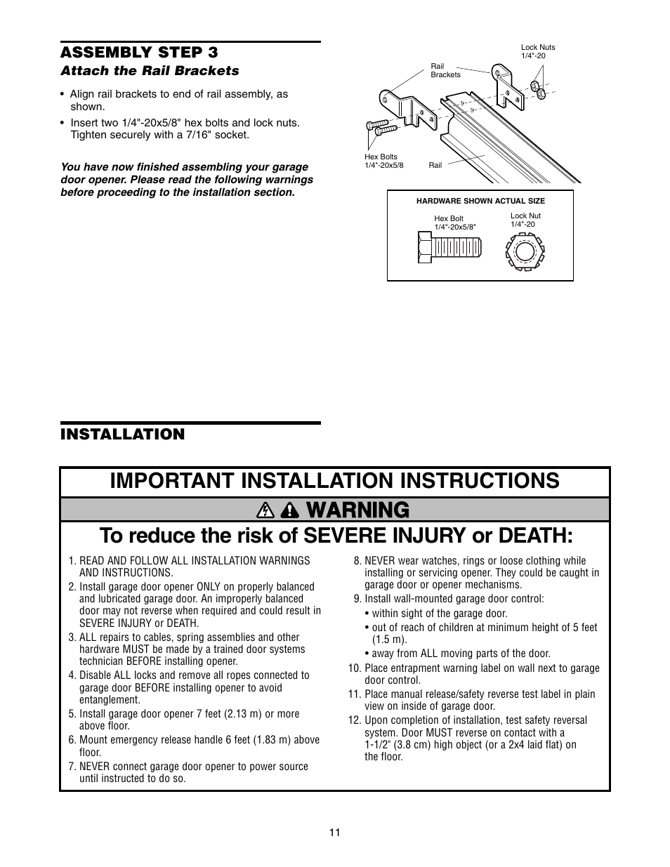 Attach the rail brackets, Installation, Assembly step 3 | Chamberlain 9950D User Manual | Page 11 / 40