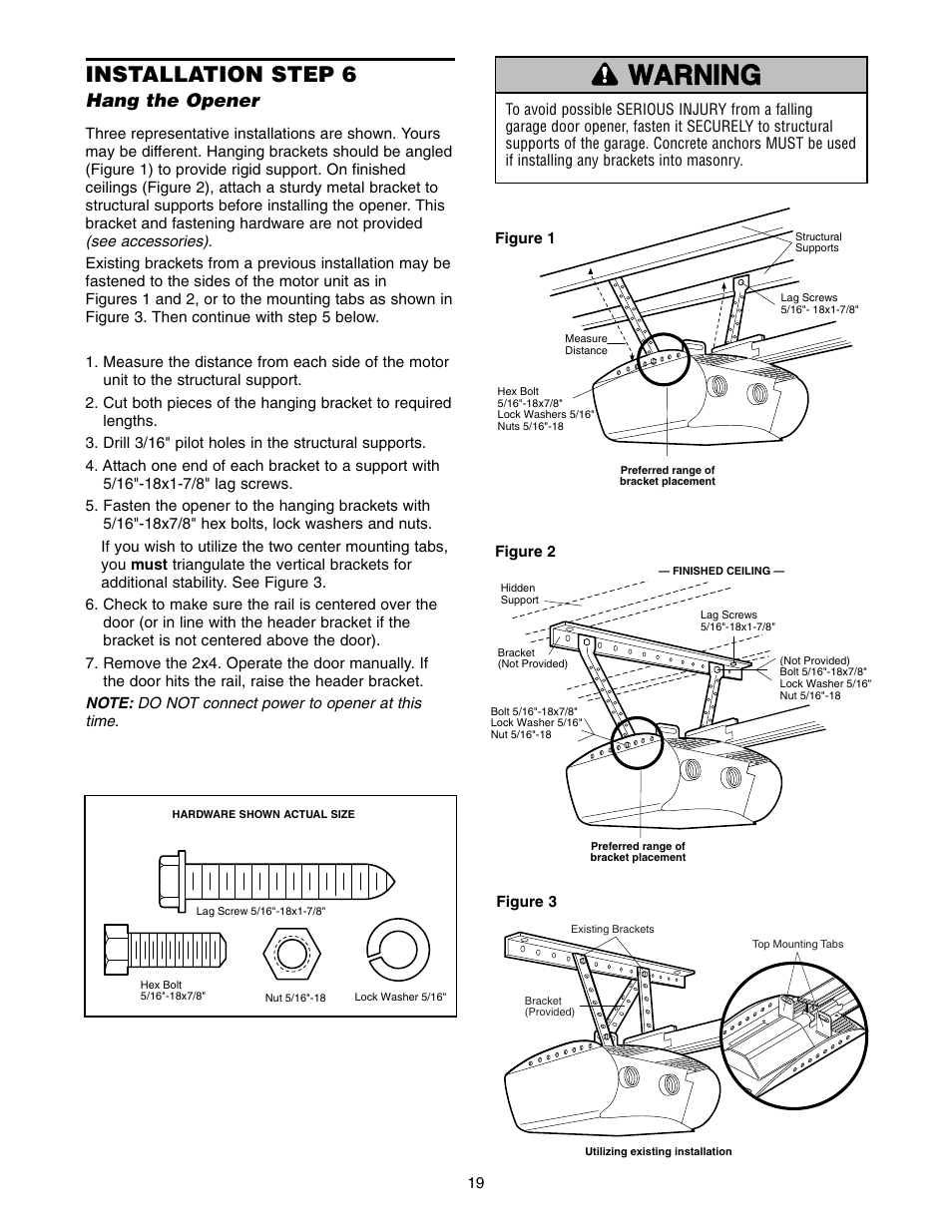 Hang the opener, Warning caution warning warning, Installation step 6 | Chamberlain 9950D User Manual | Page 19 / 40
