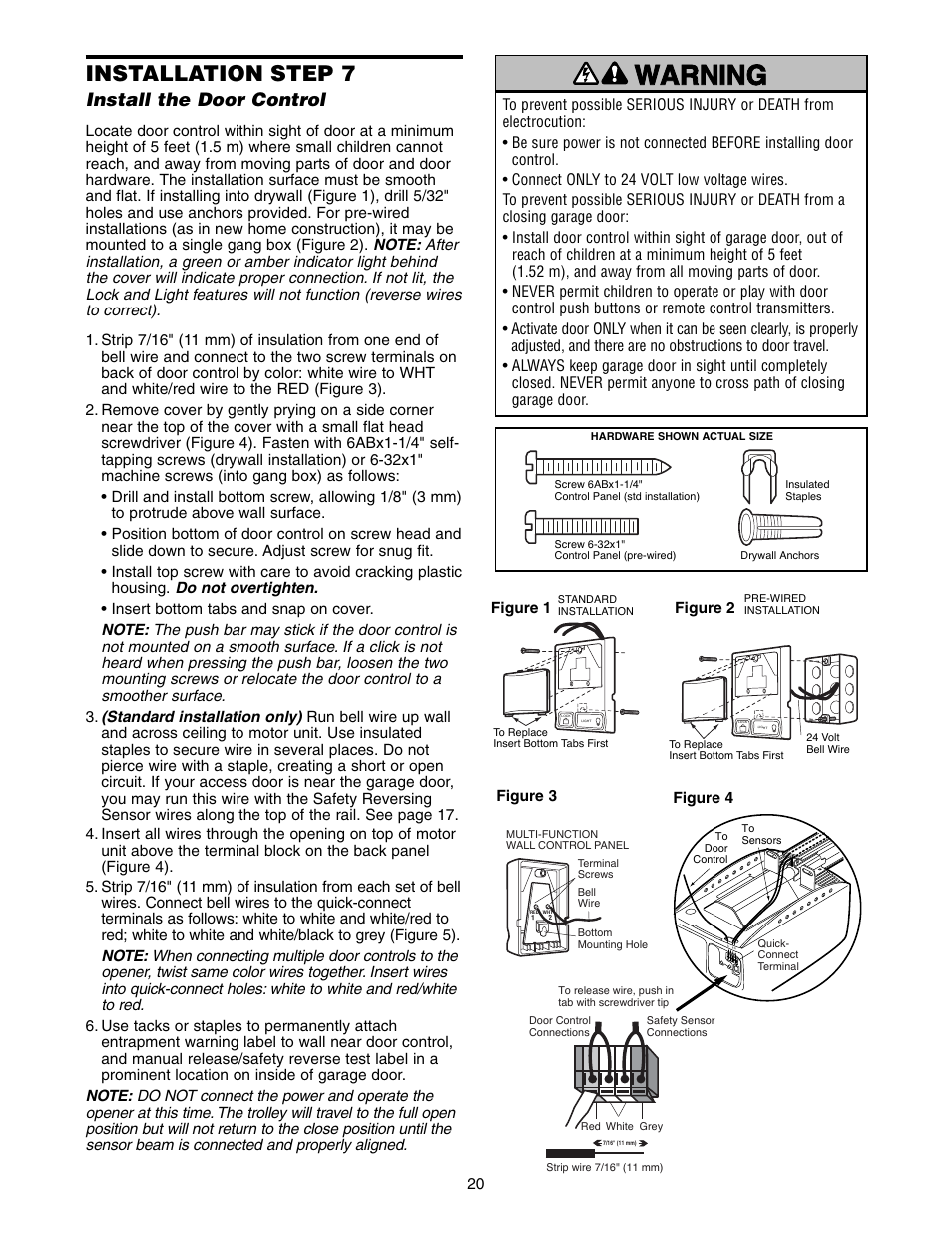 Install the door control, Warning caution warning warning, Installation step 7 | Chamberlain 9950D User Manual | Page 20 / 40