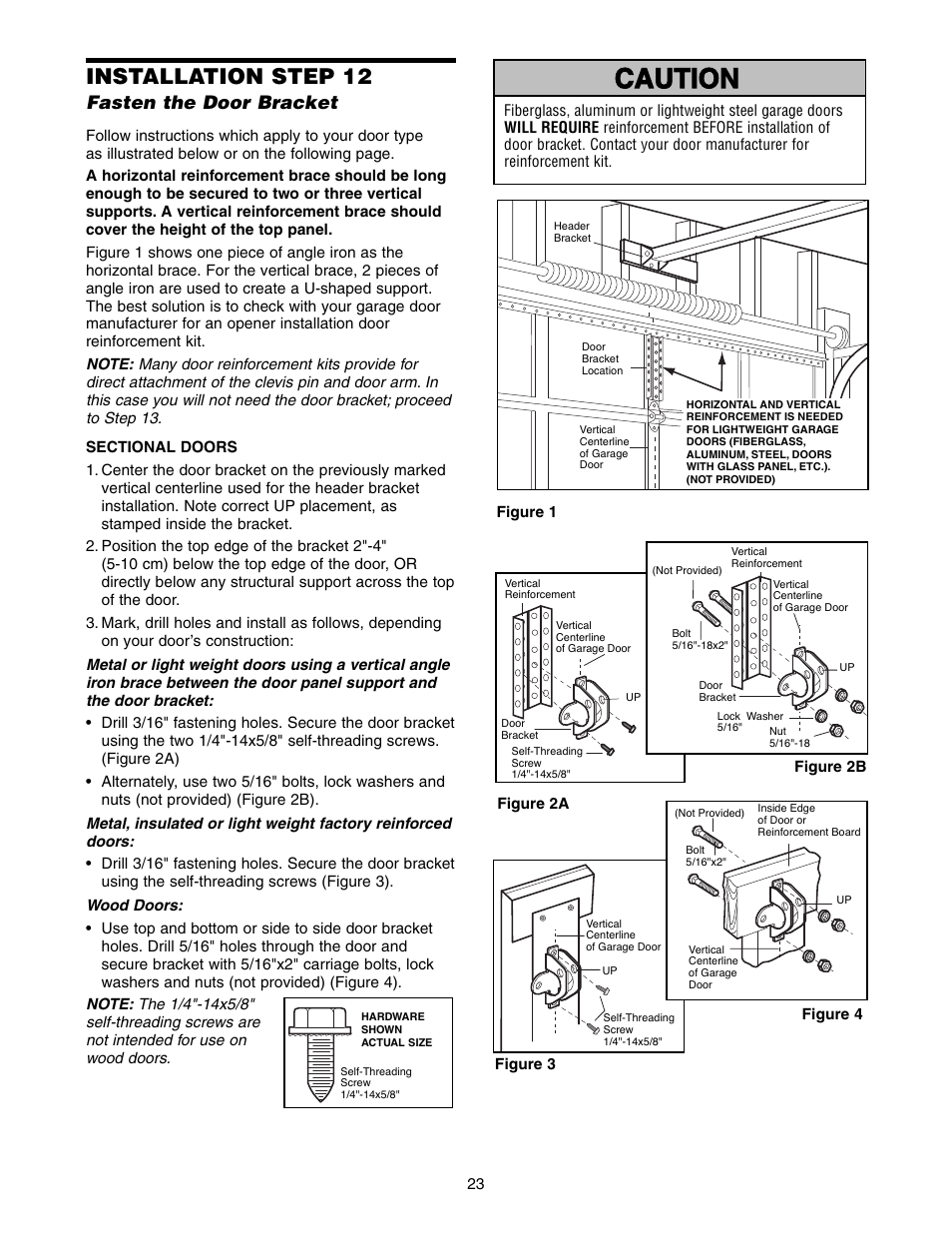 Fasten the door bracket, Warning caution warning warning, Installation step 12 | Chamberlain 9950D User Manual | Page 23 / 40