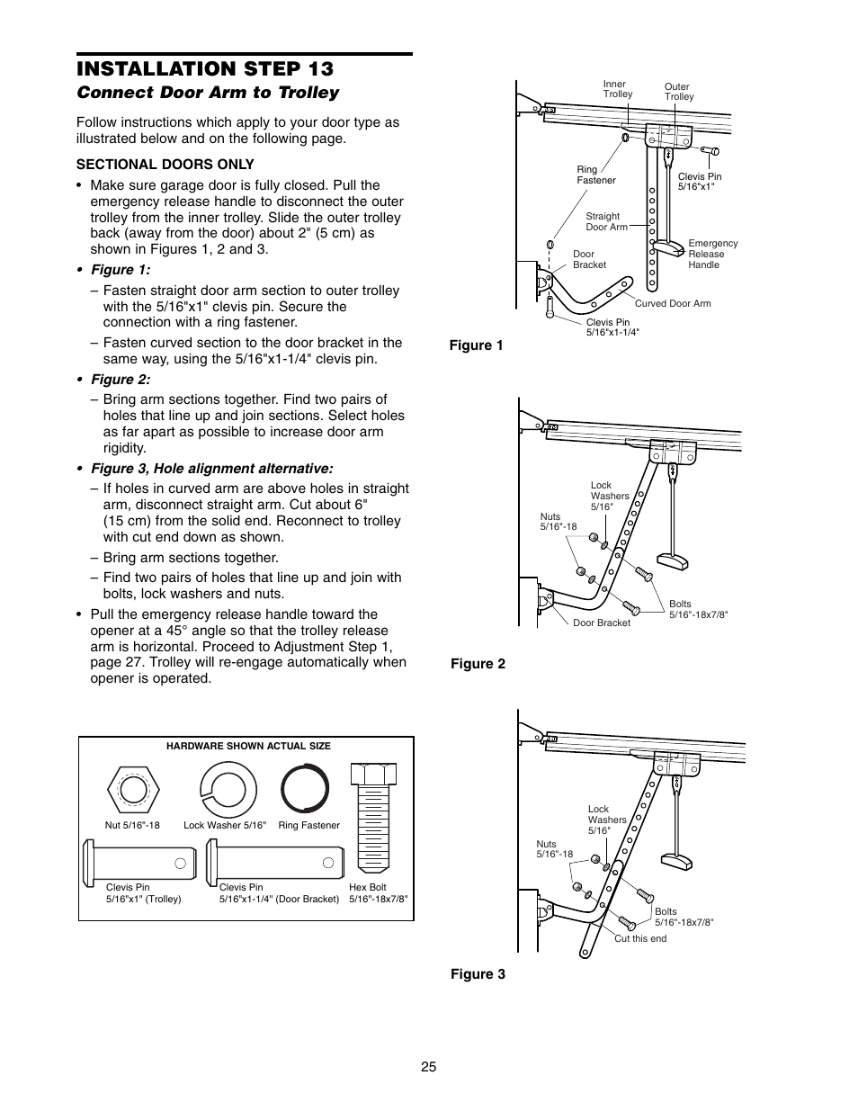 Connect door arm to trolley, Installation step 13 | Chamberlain 9950D User Manual | Page 25 / 40