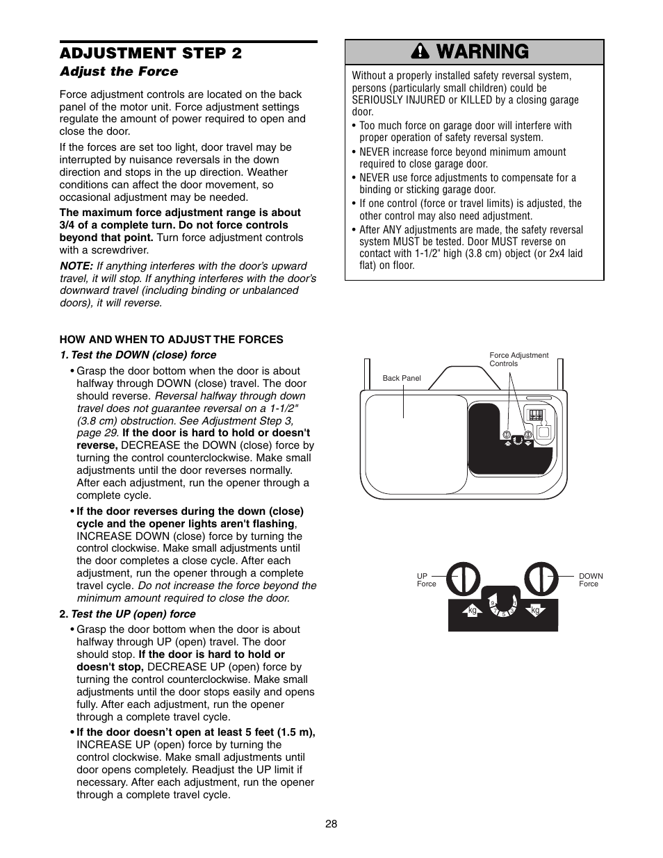 Adjust the force, Warning caution warning warning, Adjustment step 2 | Chamberlain 9950D User Manual | Page 28 / 40