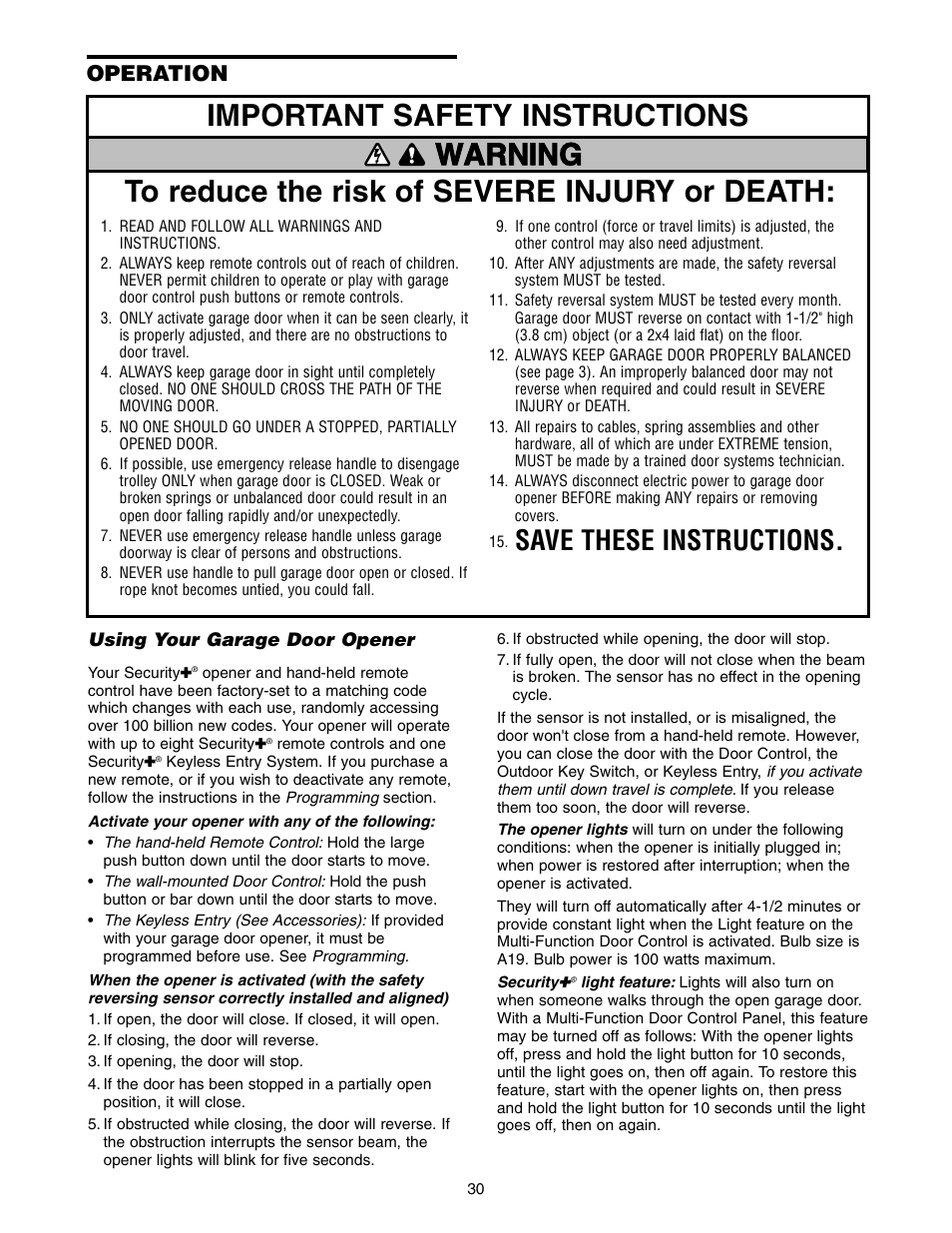 Operation, Using your garage door opener, Save these instructions | Chamberlain 9950D User Manual | Page 30 / 40