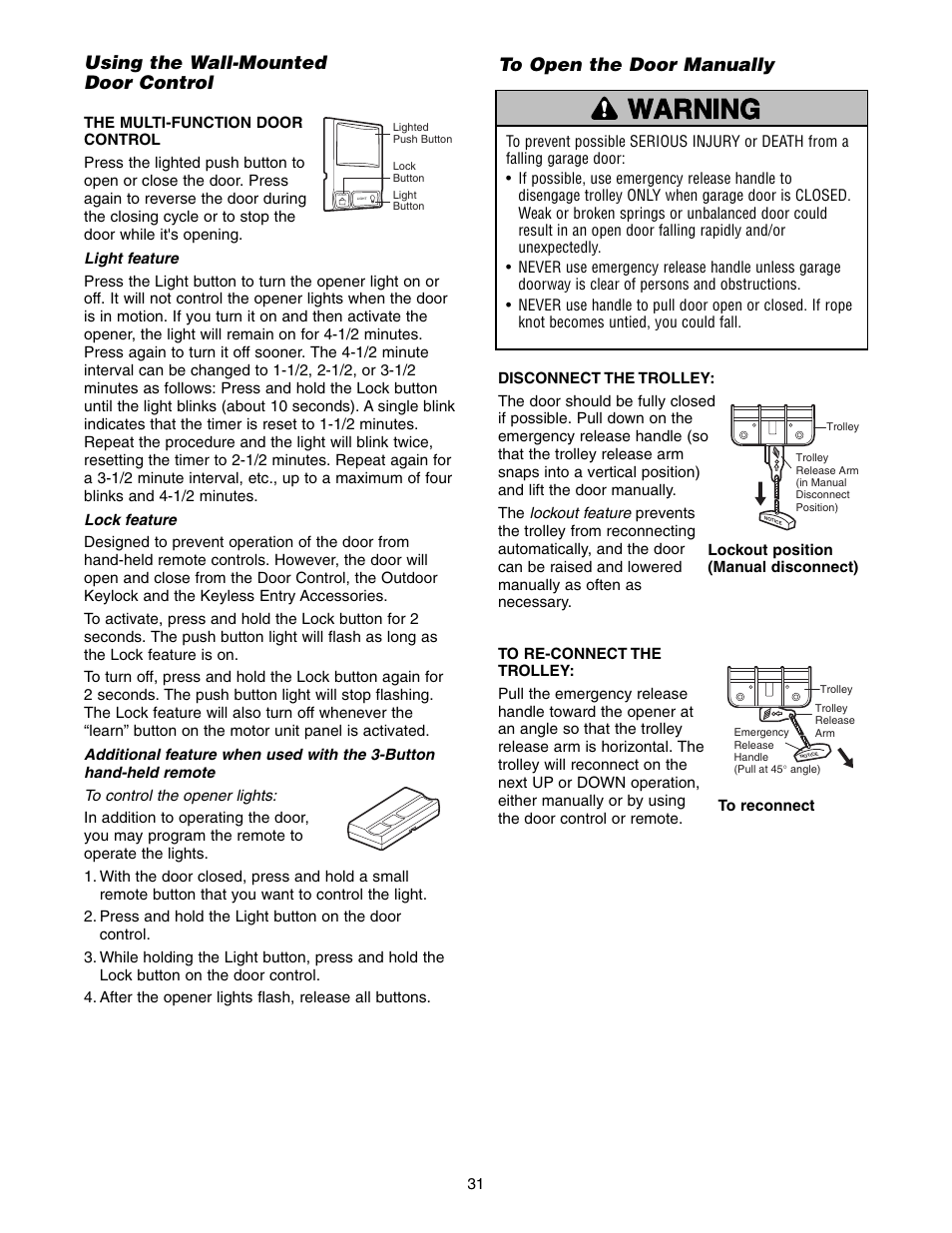Using the wall-mounted door control, To open the door manually, Warning caution warning warning | Chamberlain 9950D User Manual | Page 31 / 40