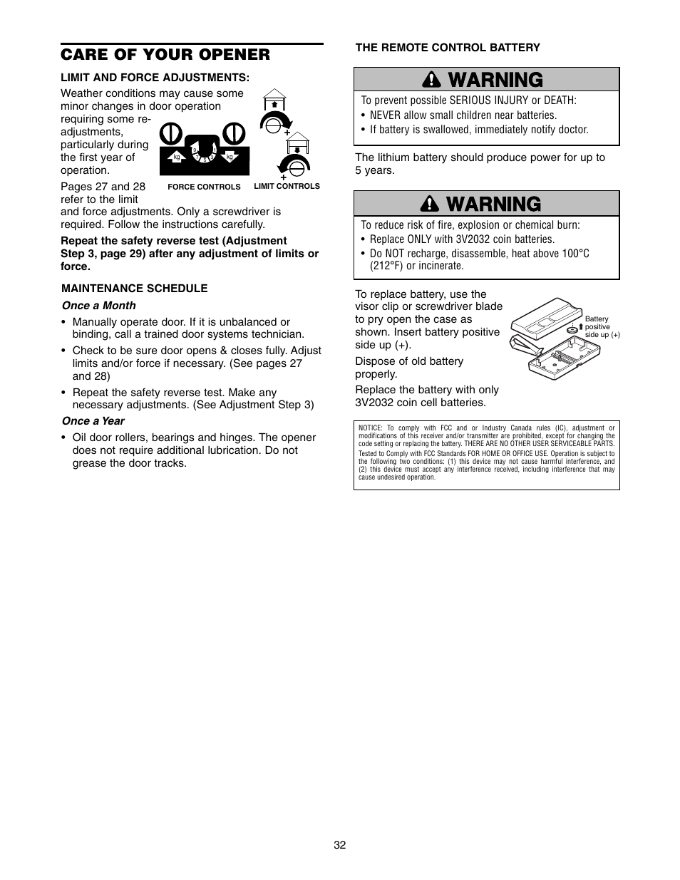Care of your opener, Warning caution warning warning | Chamberlain 9950D User Manual | Page 32 / 40