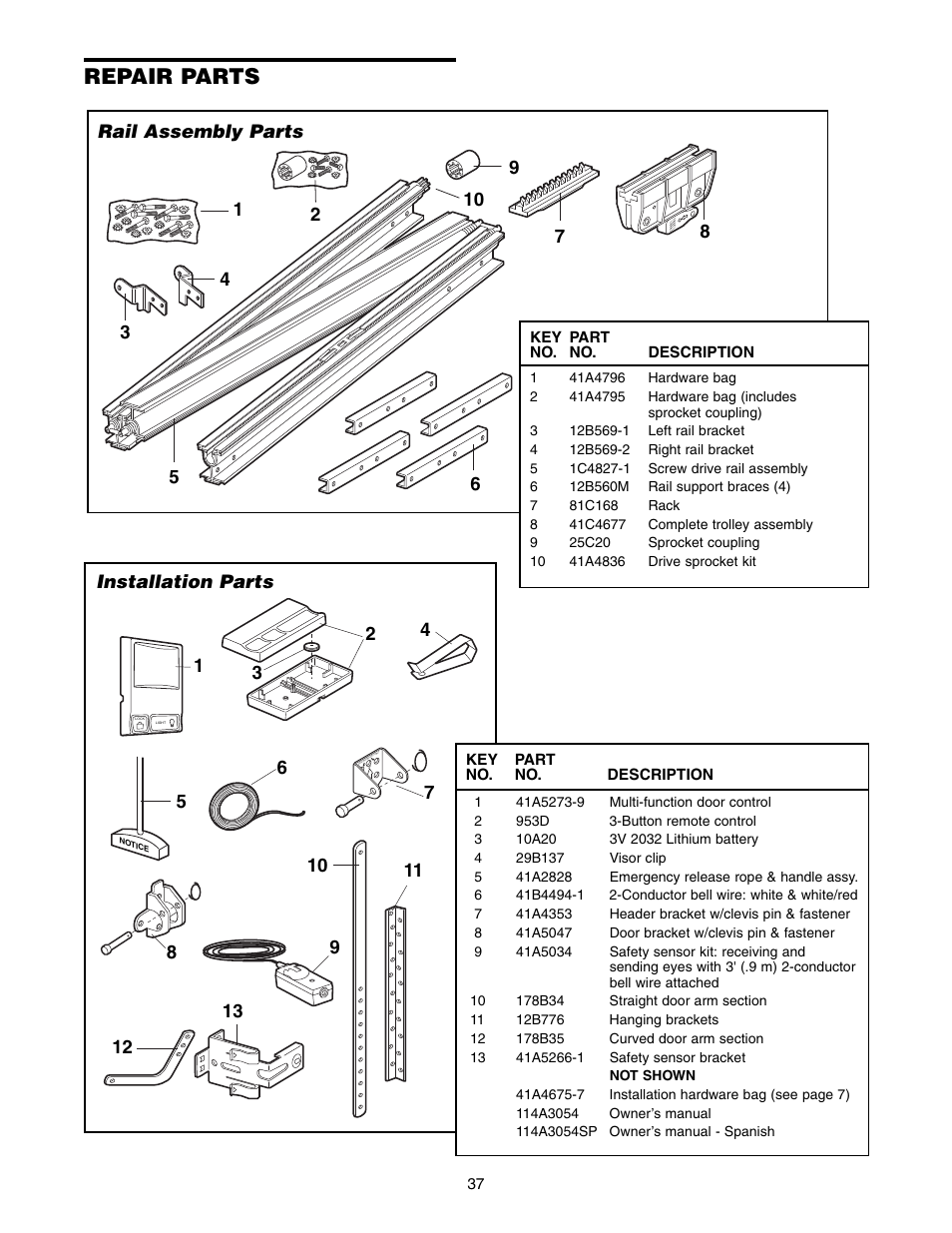 Repair parts, Rail assembly parts, Installation parts | Chamberlain 9950D User Manual | Page 37 / 40