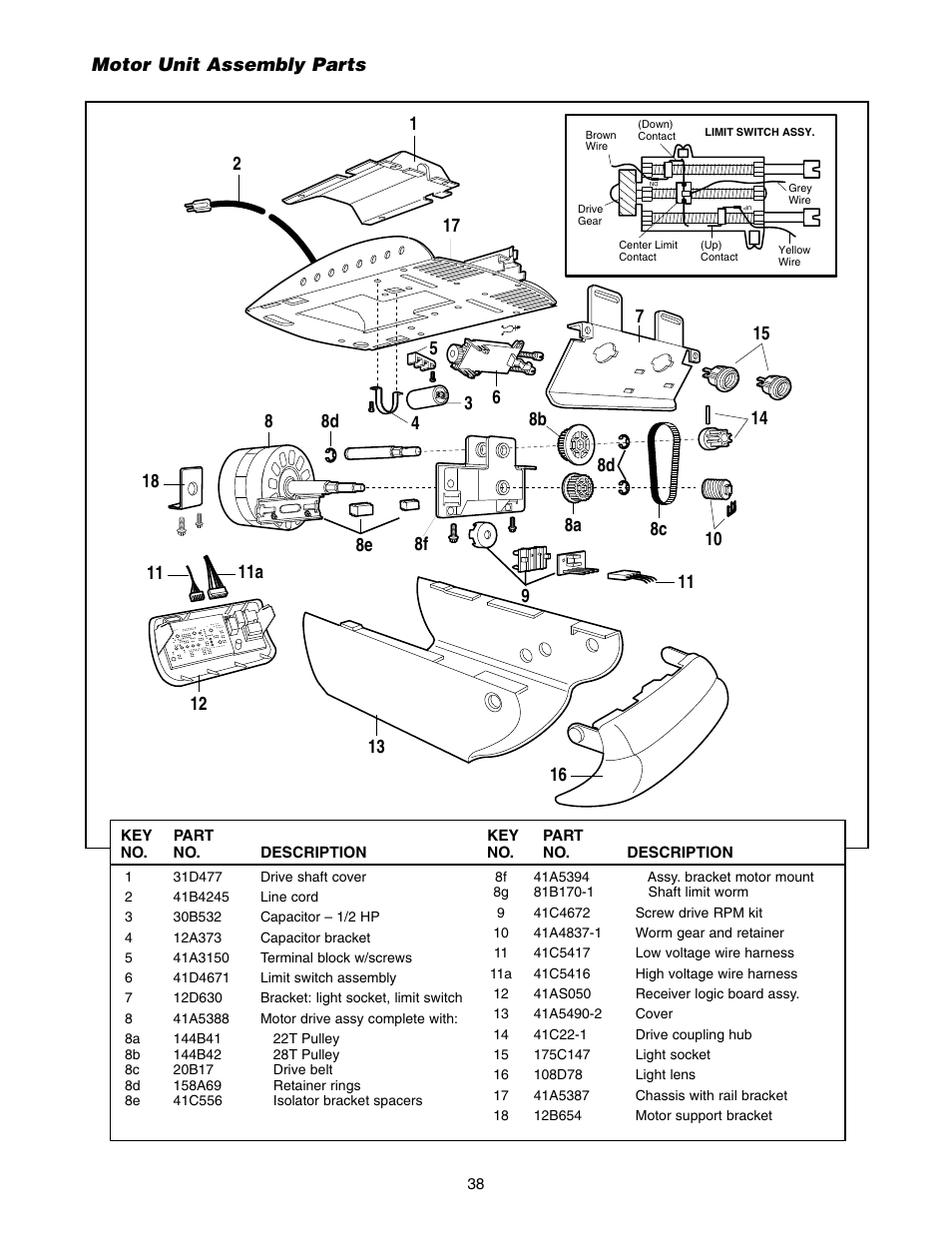 Motor unit assembly parts | Chamberlain 9950D User Manual | Page 38 / 40