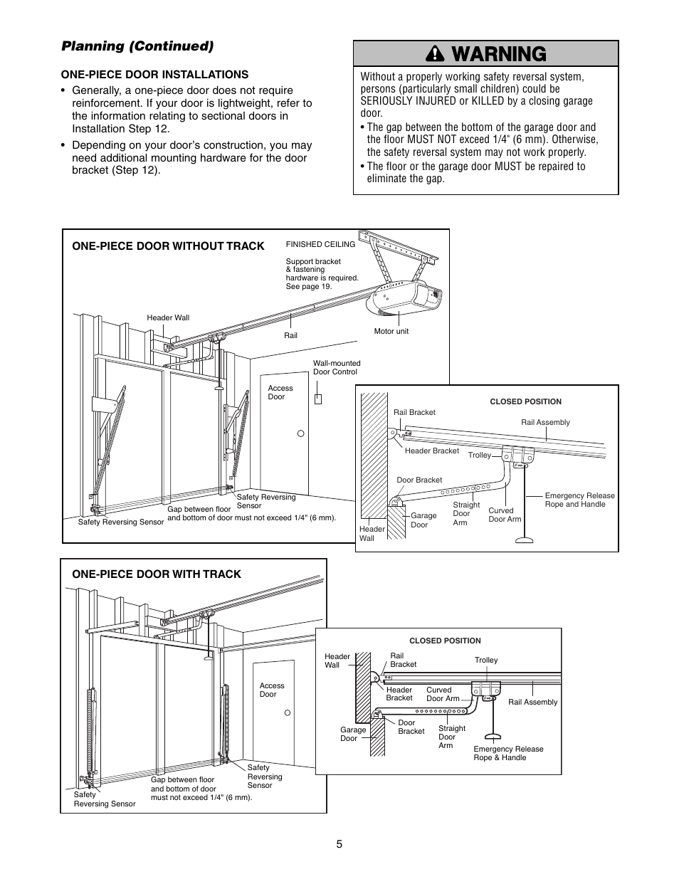 One-piece door installations, Warning caution warning warning, Planning (continued) | Chamberlain 9950D User Manual | Page 5 / 40