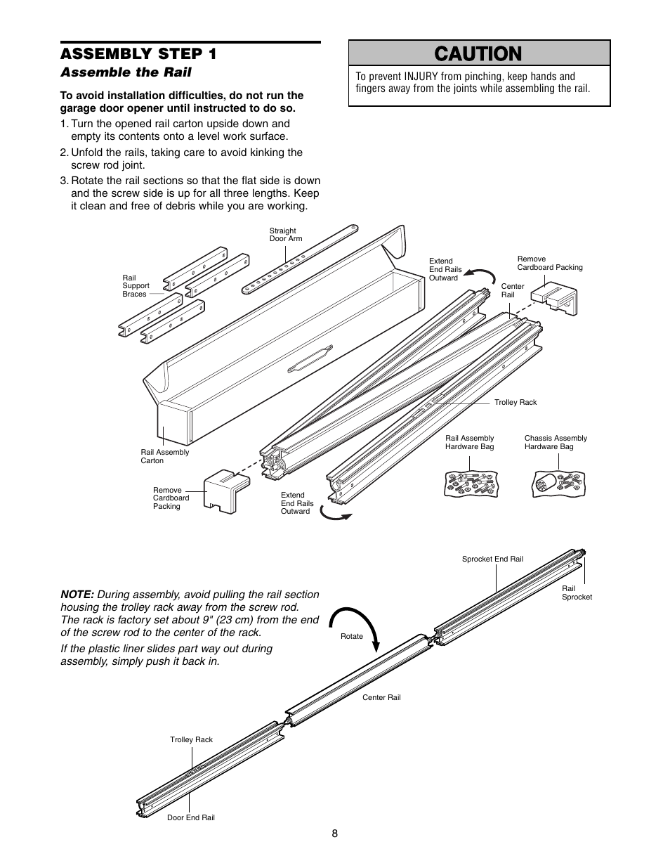 Assembly, Assemble the rail, Warning caution warning warning | Assembly step 1 | Chamberlain 9950D User Manual | Page 8 / 40