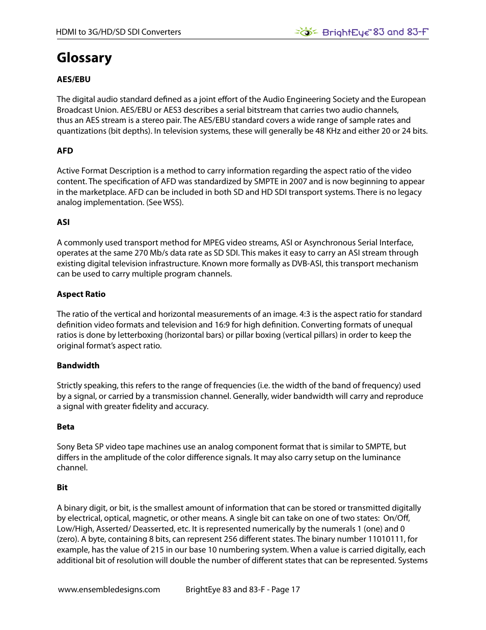 Glossary, Glossary 17 | Ensemble Designs BrightEye 83 HDMI to 3G / HD / SD SDI Converter User Manual | Page 17 / 26