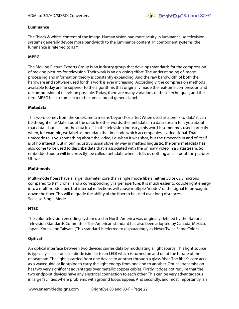 Ensemble Designs BrightEye 83 HDMI to 3G / HD / SD SDI Converter User Manual | Page 22 / 26