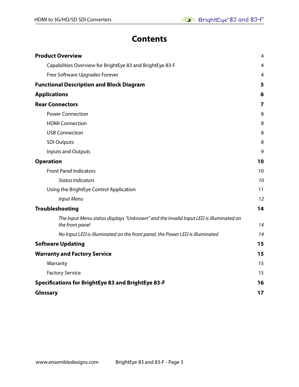 Ensemble Designs BrightEye 83 HDMI to 3G / HD / SD SDI Converter User Manual | Page 3 / 26