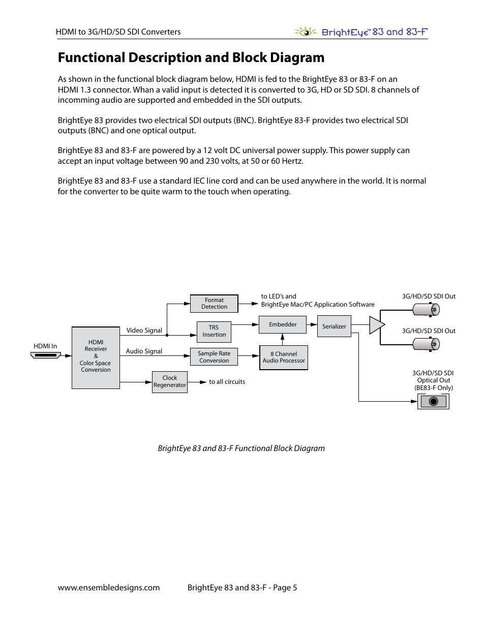 Functional description and block diagram, 83 and 83-f | Ensemble Designs BrightEye 83 HDMI to 3G / HD / SD SDI Converter User Manual | Page 5 / 26