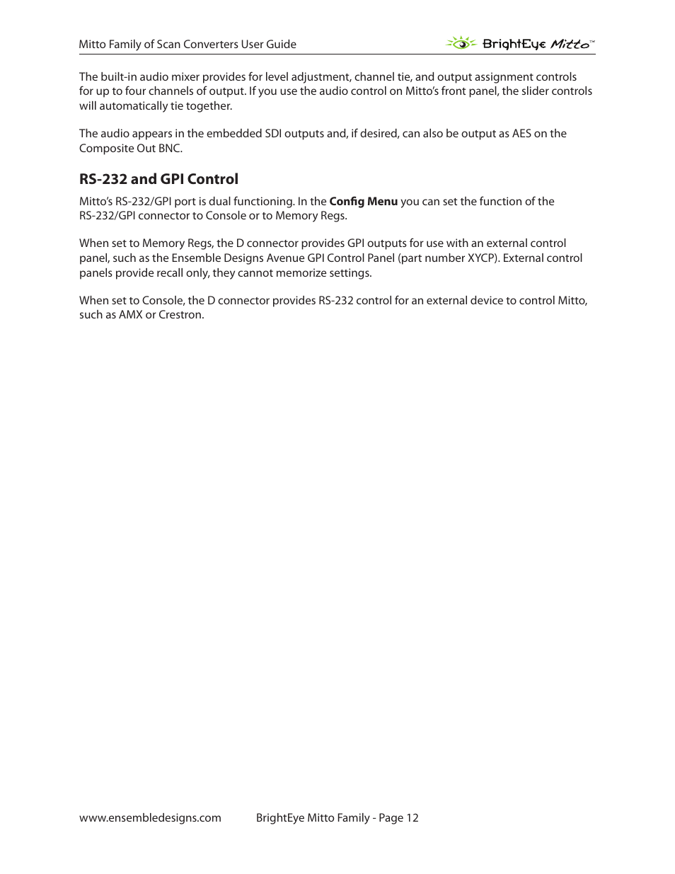 Rs-232 and gpi control | Ensemble Designs BrightEye Mitto Scan Converters User Manual | Page 12 / 73