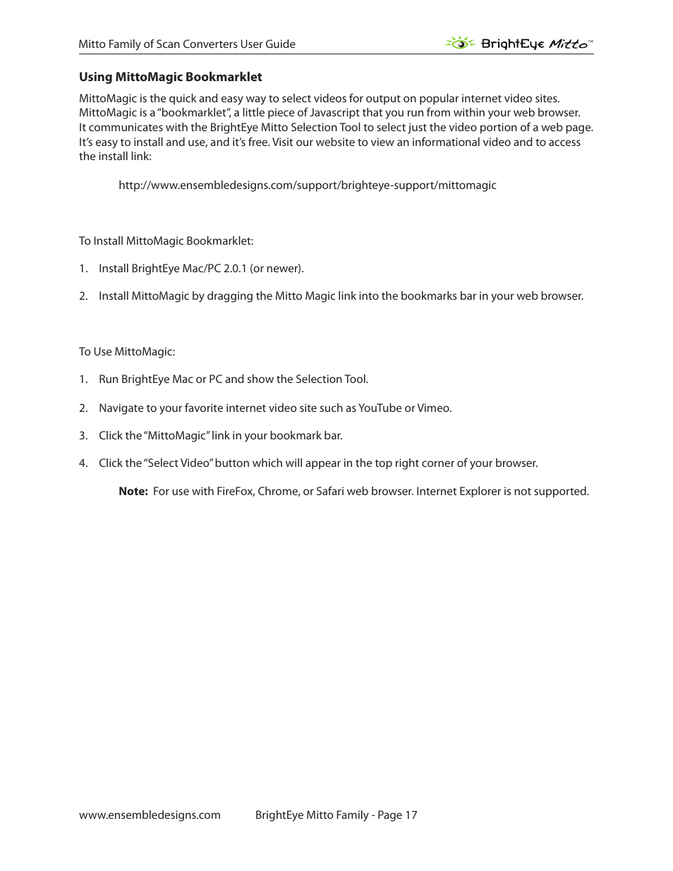 Using mittomagic bookmarklet | Ensemble Designs BrightEye Mitto Scan Converters User Manual | Page 17 / 73