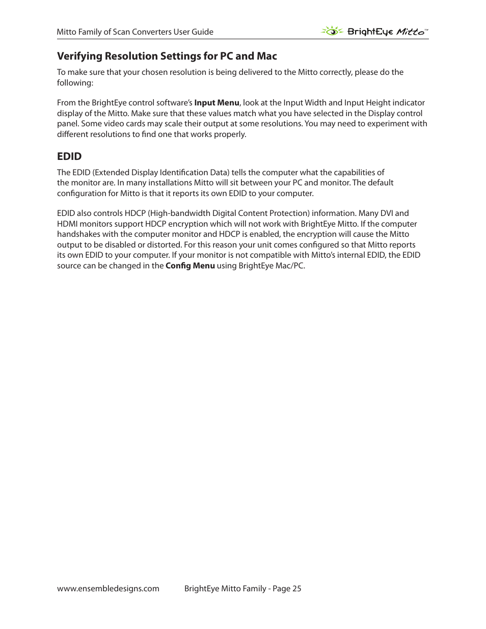 Verifying resolution settings for pc and mac, Edid, Edid 25 | Ensemble Designs BrightEye Mitto Scan Converters User Manual | Page 25 / 73