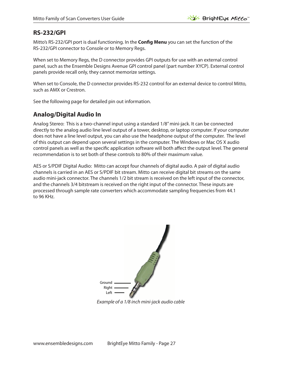 Rs-232/gpi, Analog/digital audio in, Rs-232/gpi 27 | Ensemble Designs BrightEye Mitto Scan Converters User Manual | Page 27 / 73