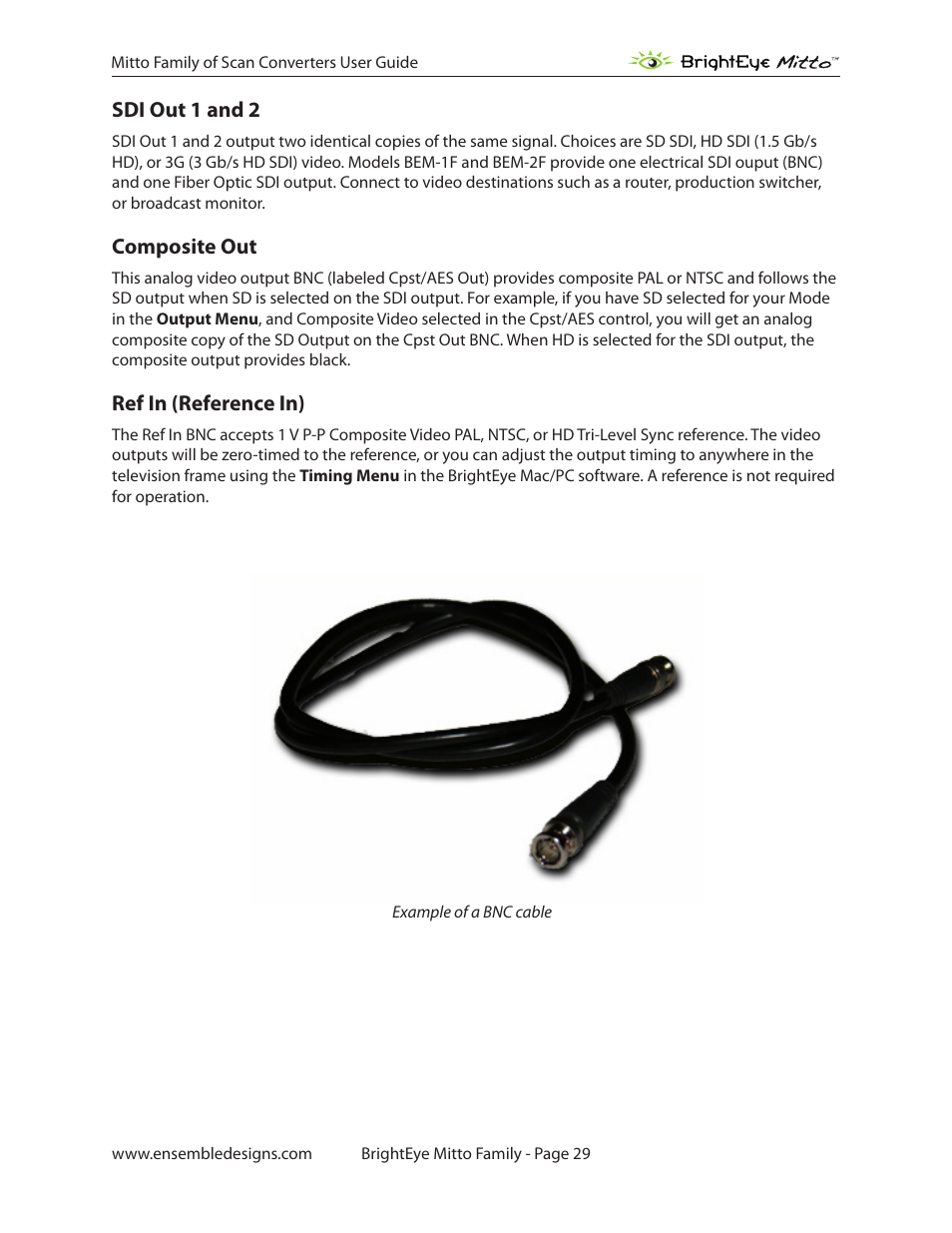 Sdi out 1 and 2, Composite out, Ref in (reference in) | Ensemble Designs BrightEye Mitto Scan Converters User Manual | Page 29 / 73