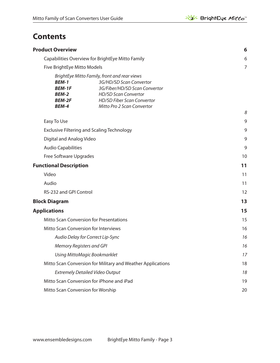 Ensemble Designs BrightEye Mitto Scan Converters User Manual | Page 3 / 73