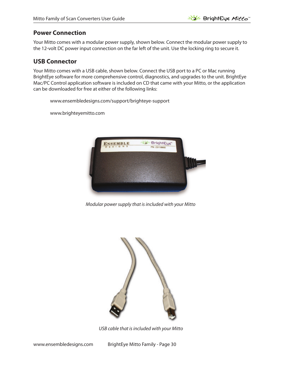 Power connection, Usb connector | Ensemble Designs BrightEye Mitto Scan Converters User Manual | Page 30 / 73