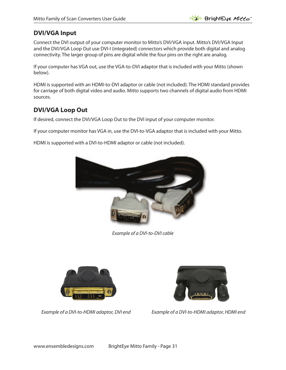Dvi/vga input, Dvi/vga loop out | Ensemble Designs BrightEye Mitto Scan Converters User Manual | Page 31 / 73