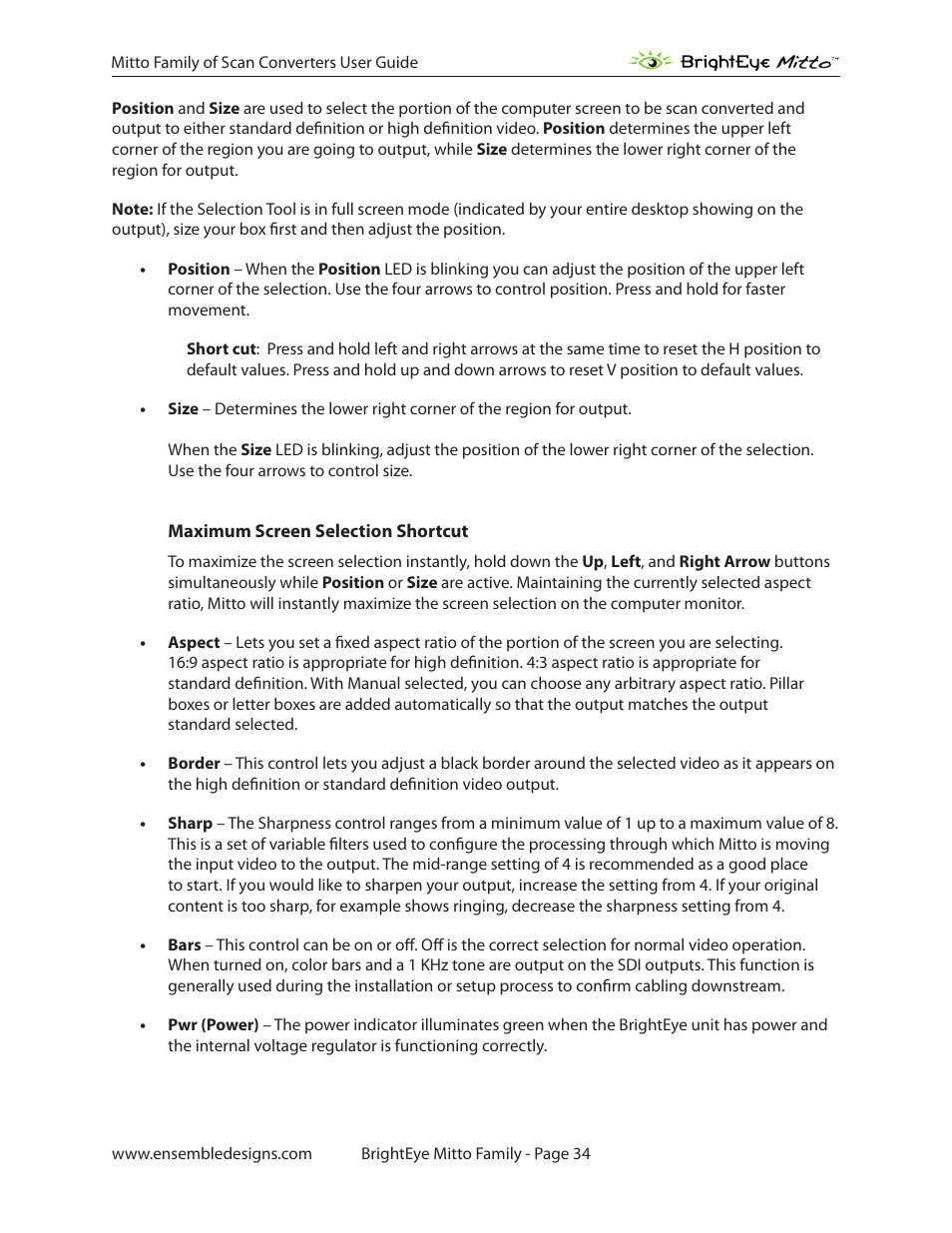 Maximum screen selection shortcut | Ensemble Designs BrightEye Mitto Scan Converters User Manual | Page 34 / 73