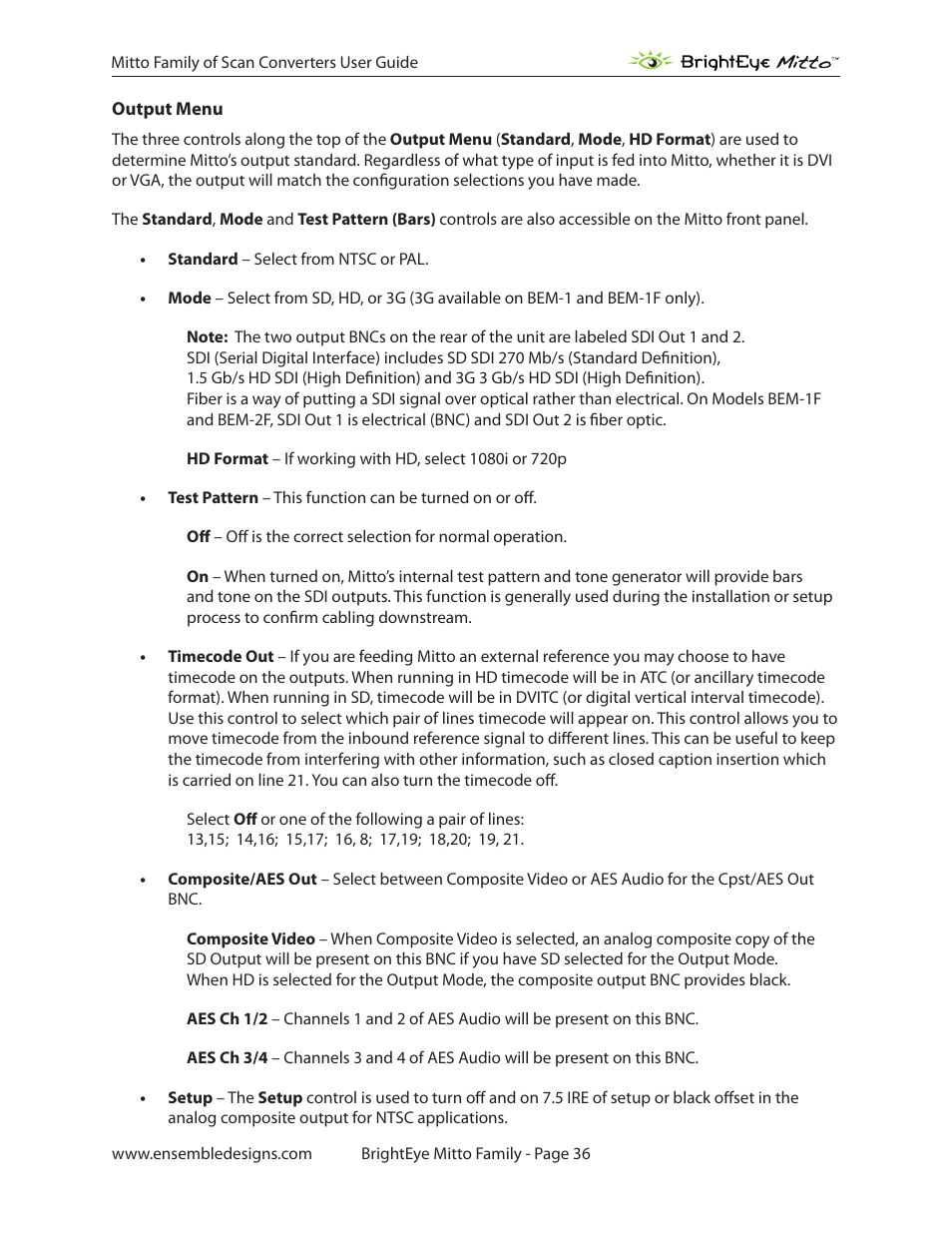 Output menu | Ensemble Designs BrightEye Mitto Scan Converters User Manual | Page 36 / 73