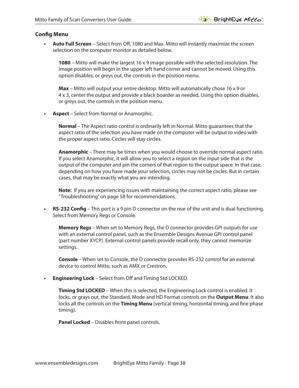 Config menu | Ensemble Designs BrightEye Mitto Scan Converters User Manual | Page 38 / 73