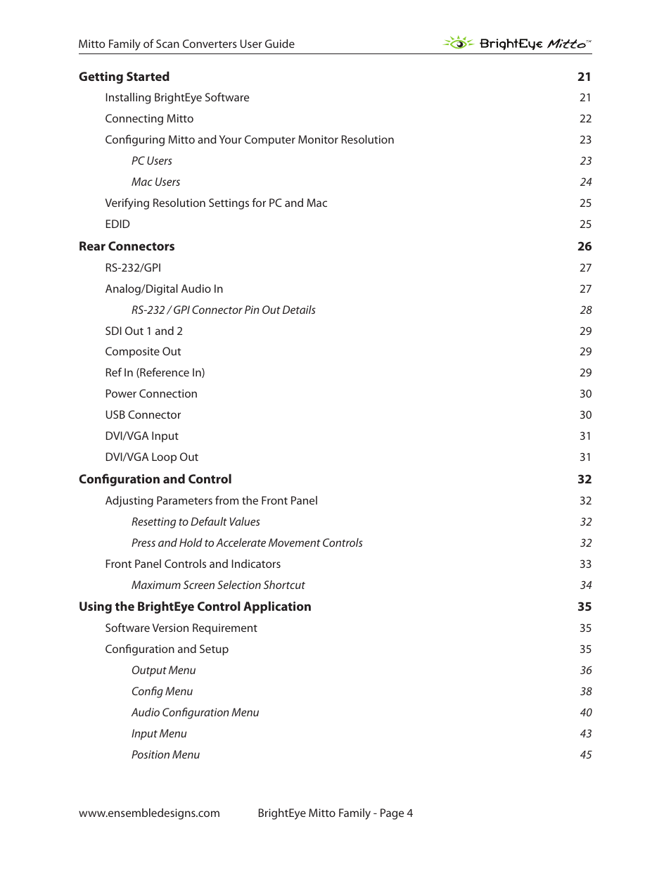 Ensemble Designs BrightEye Mitto Scan Converters User Manual | Page 4 / 73
