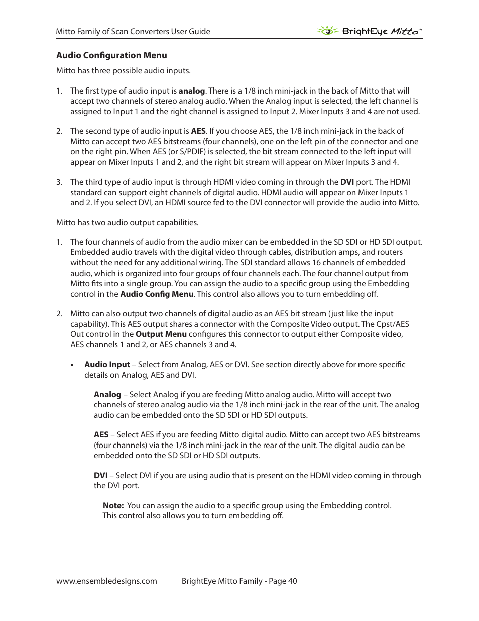 Audio configuration menu | Ensemble Designs BrightEye Mitto Scan Converters User Manual | Page 40 / 73