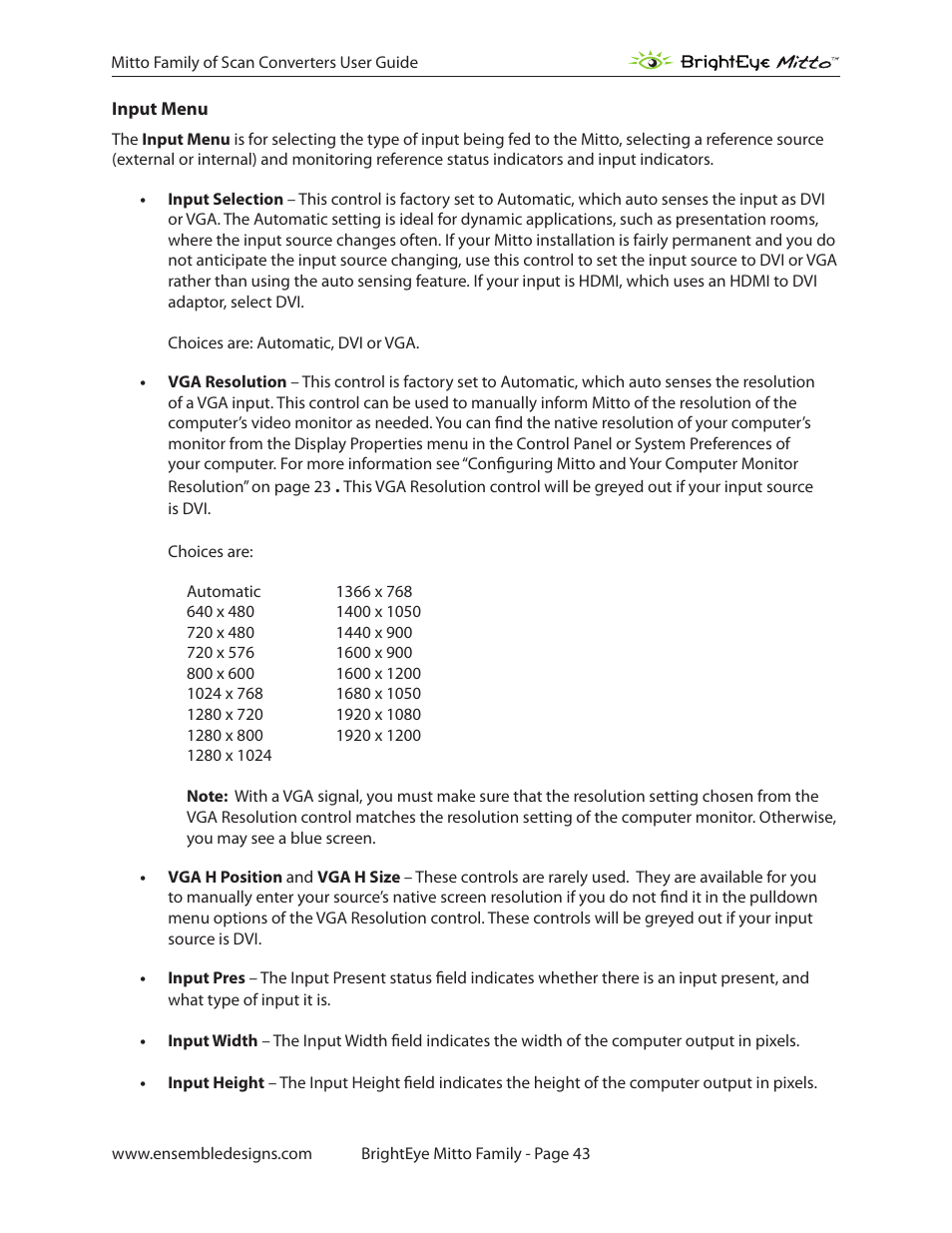 Input menu | Ensemble Designs BrightEye Mitto Scan Converters User Manual | Page 43 / 73
