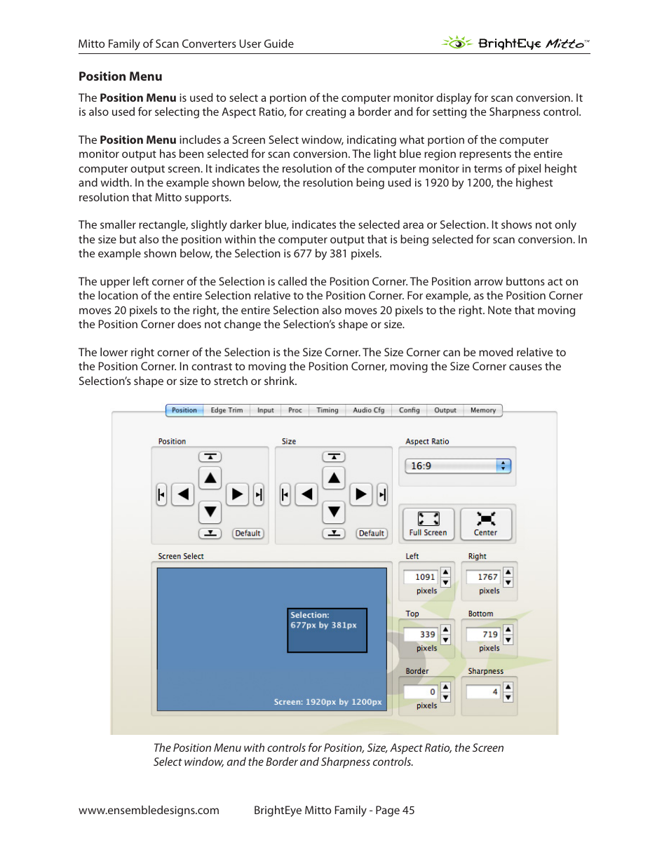 Position menu | Ensemble Designs BrightEye Mitto Scan Converters User Manual | Page 45 / 73