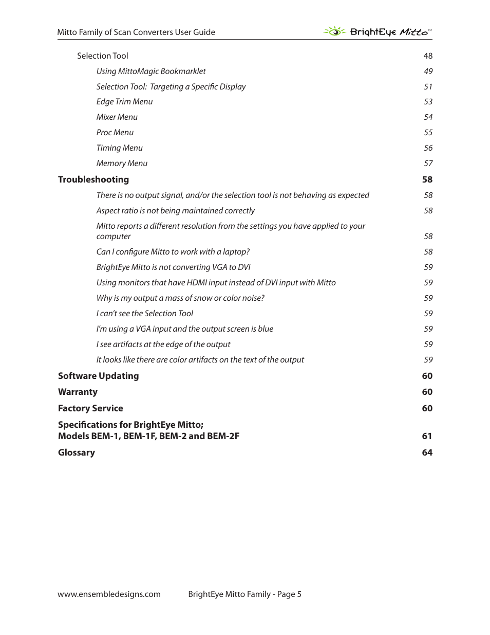 Ensemble Designs BrightEye Mitto Scan Converters User Manual | Page 5 / 73