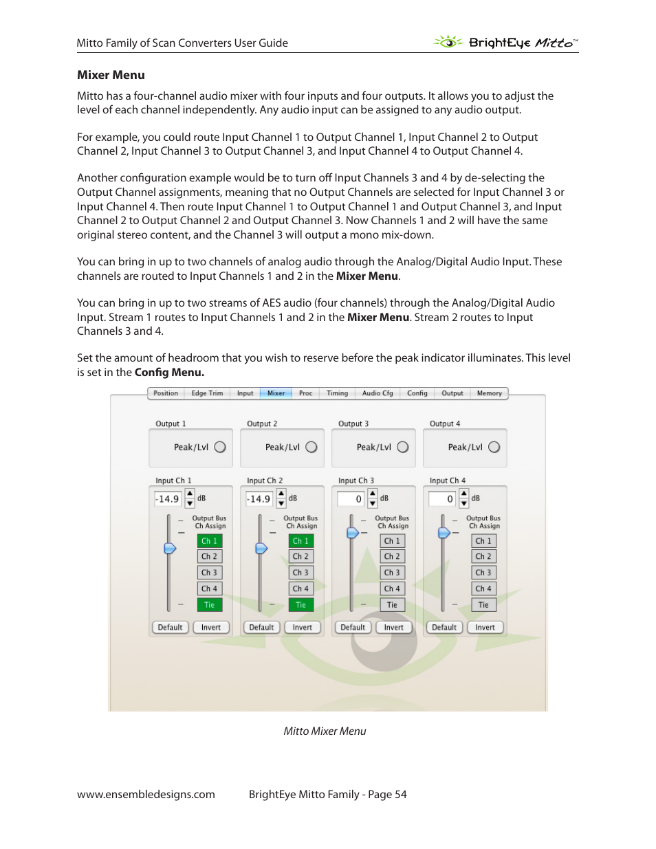 Mixer menu | Ensemble Designs BrightEye Mitto Scan Converters User Manual | Page 54 / 73