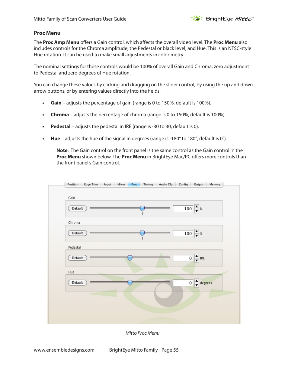 Proc menu | Ensemble Designs BrightEye Mitto Scan Converters User Manual | Page 55 / 73