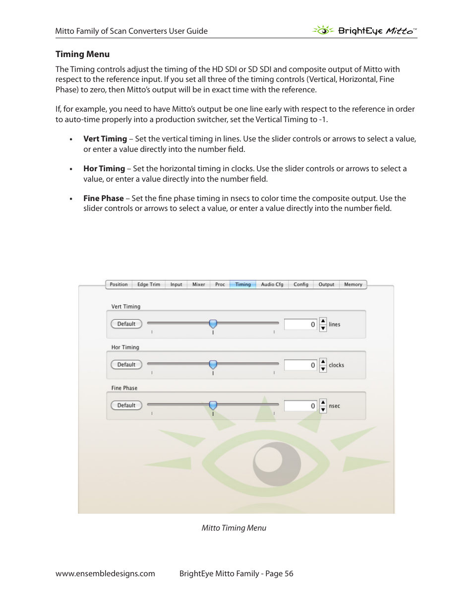 Timing menu | Ensemble Designs BrightEye Mitto Scan Converters User Manual | Page 56 / 73
