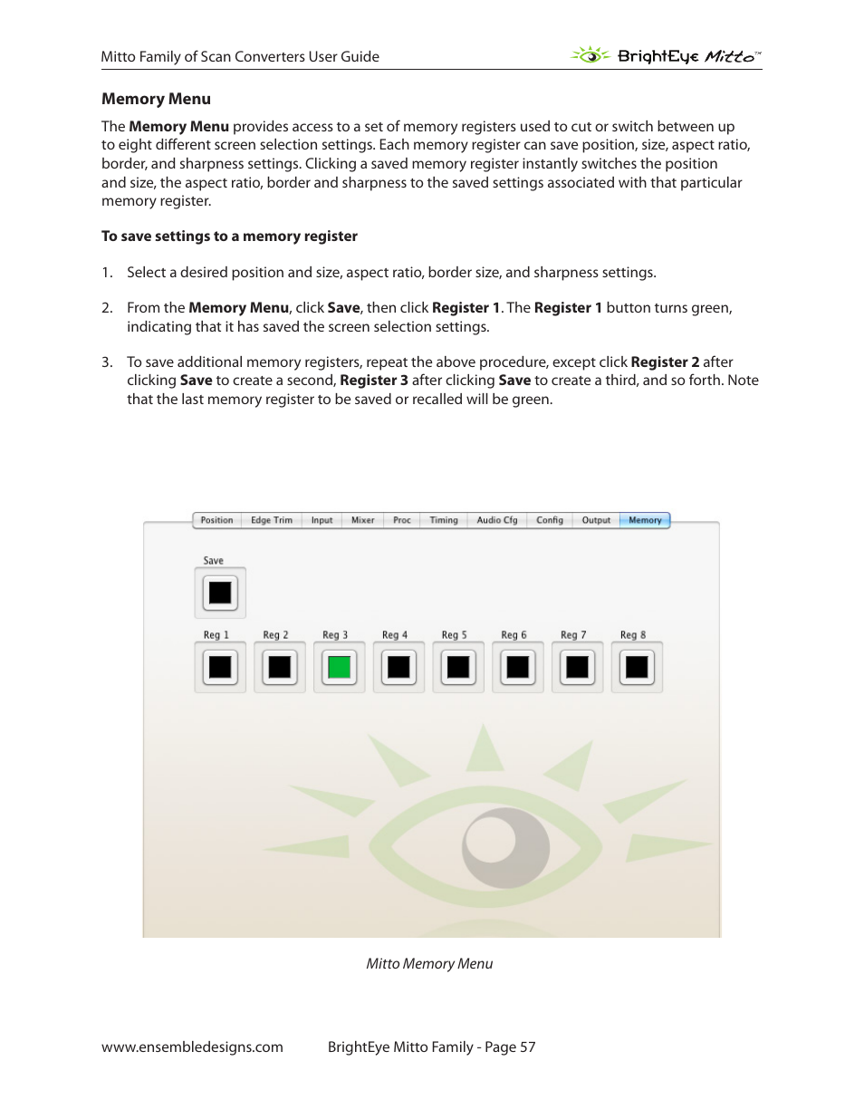 Memory menu | Ensemble Designs BrightEye Mitto Scan Converters User Manual | Page 57 / 73