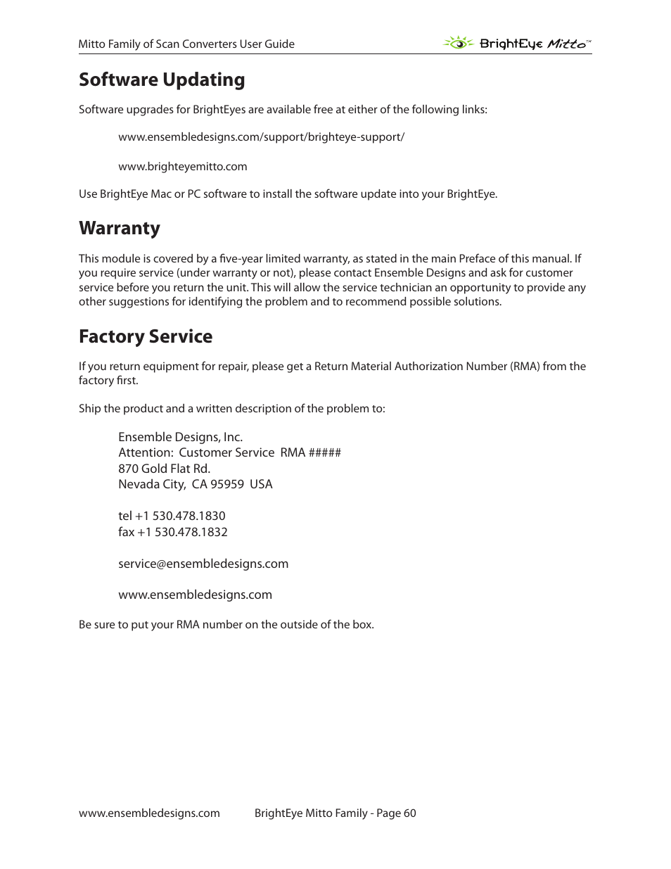 Software updating, Warranty, Factory service | Ensemble Designs BrightEye Mitto Scan Converters User Manual | Page 60 / 73