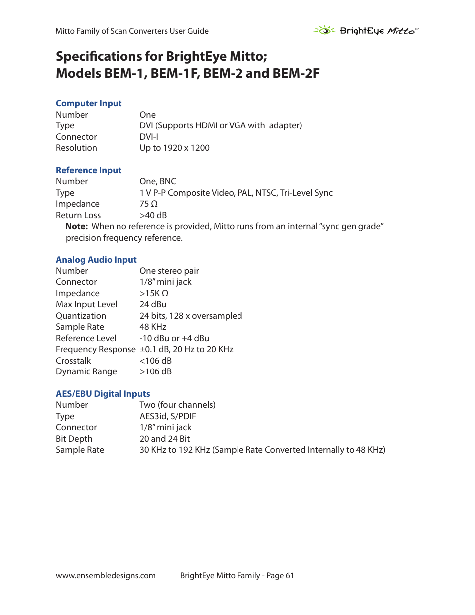 Specifica, Tions f, Or br | Ye m, O; m, Odels bem, 2 and bem | Ensemble Designs BrightEye Mitto Scan Converters User Manual | Page 61 / 73