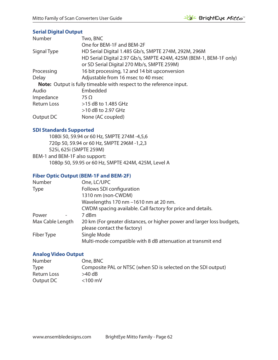 Ensemble Designs BrightEye Mitto Scan Converters User Manual | Page 62 / 73