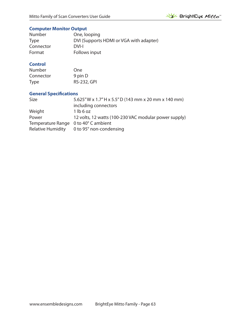 Ensemble Designs BrightEye Mitto Scan Converters User Manual | Page 63 / 73