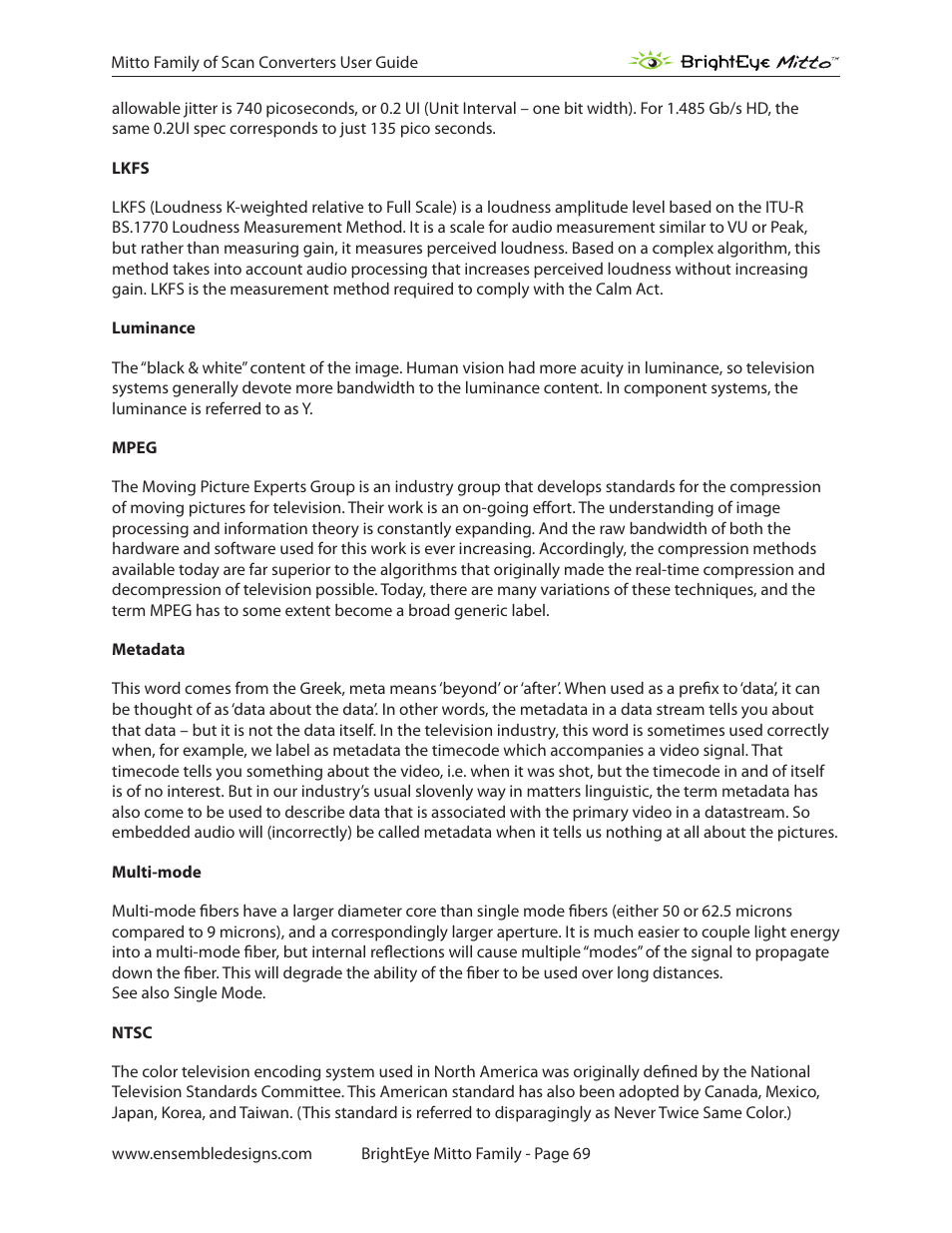 Ensemble Designs BrightEye Mitto Scan Converters User Manual | Page 69 / 73