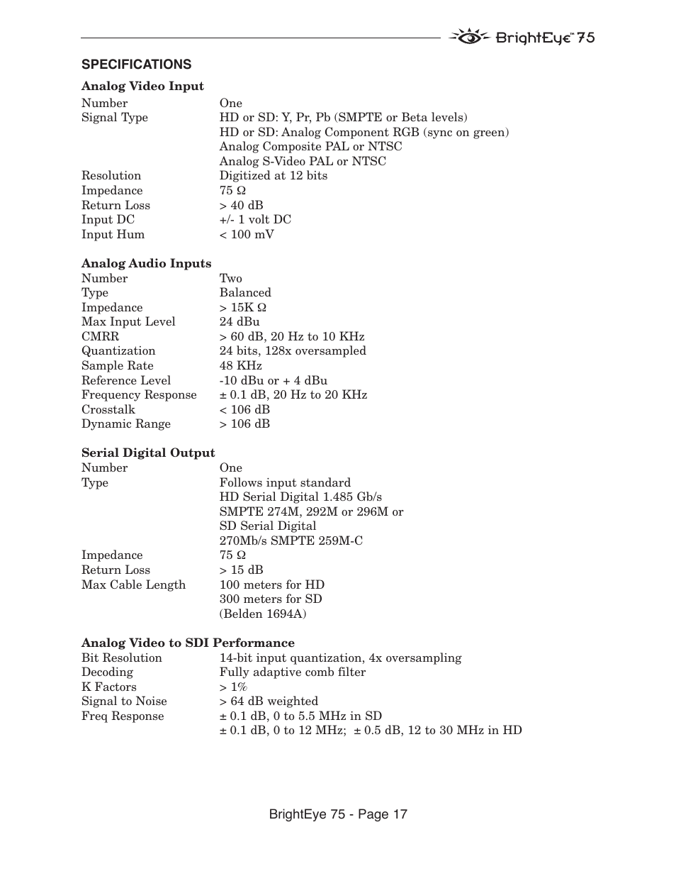 Ensemble Designs BrightEye 75 HD/SD Analog to Digital Video Converter and Analog Audio Embedder User Manual | Page 17 / 26