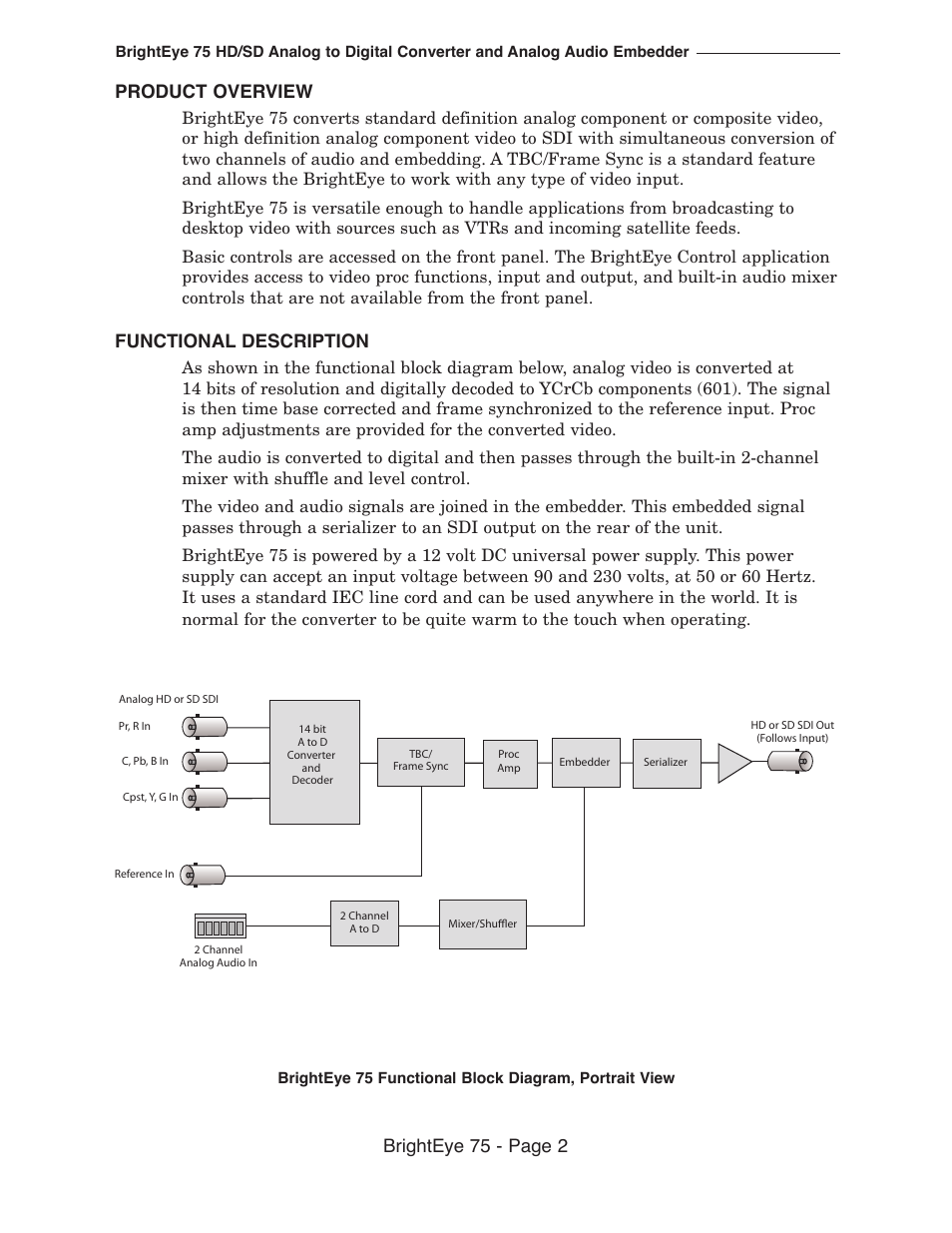 Brighteye 75 - page 2 product overview, Functional description | Ensemble Designs BrightEye 75 HD/SD Analog to Digital Video Converter and Analog Audio Embedder User Manual | Page 2 / 26