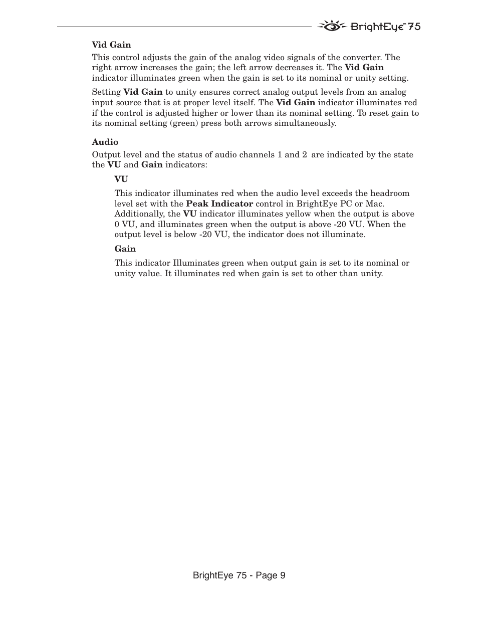 Brighteye 75 | Ensemble Designs BrightEye 75 HD/SD Analog to Digital Video Converter and Analog Audio Embedder User Manual | Page 9 / 26