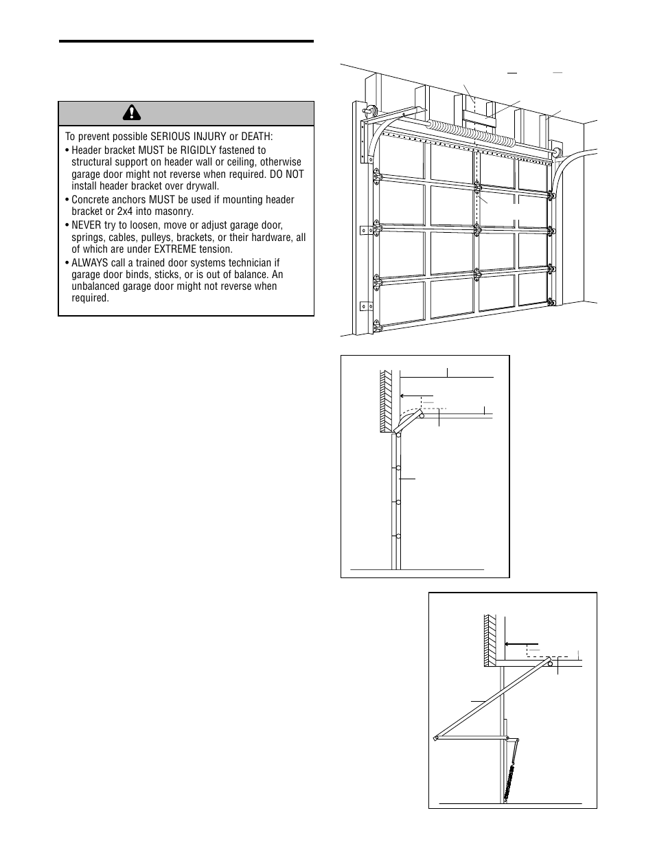 Installation, Determine header bracket location, Warning caution warning warning | Installation step 1, Determine the header bracket location | Chamberlain CG40 User Manual | Page 12 / 40