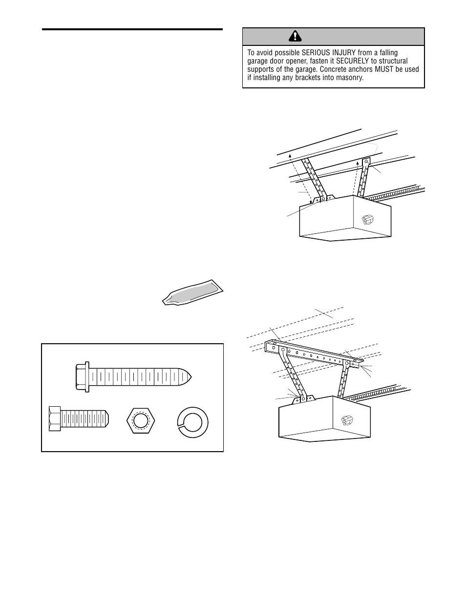 Hang the opener, Warning caution warning warning, Installation step 5 | Chamberlain CG40 User Manual | Page 17 / 40