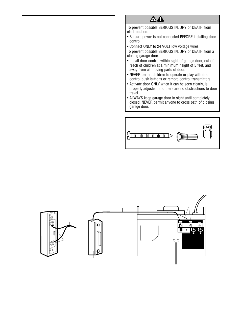 Install the door control, Warning caution warning warning, Installation step 6 | Chamberlain CG40 User Manual | Page 18 / 40