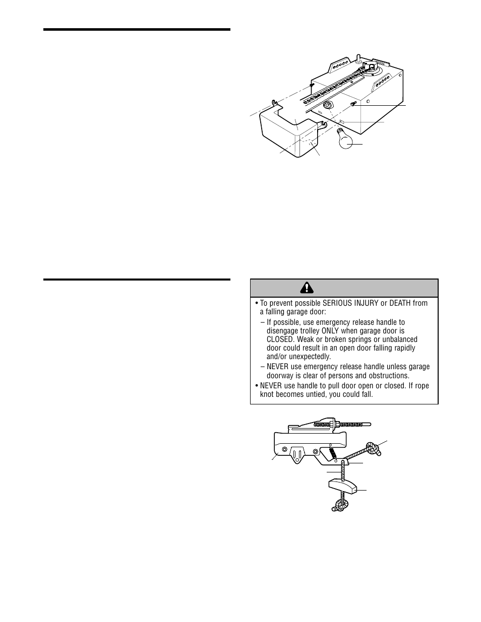 Install the light & the lens, Attach the manual release rope & handle, Warning caution warning warning | Installation step 7, Installation step 8 | Chamberlain CG40 User Manual | Page 19 / 40