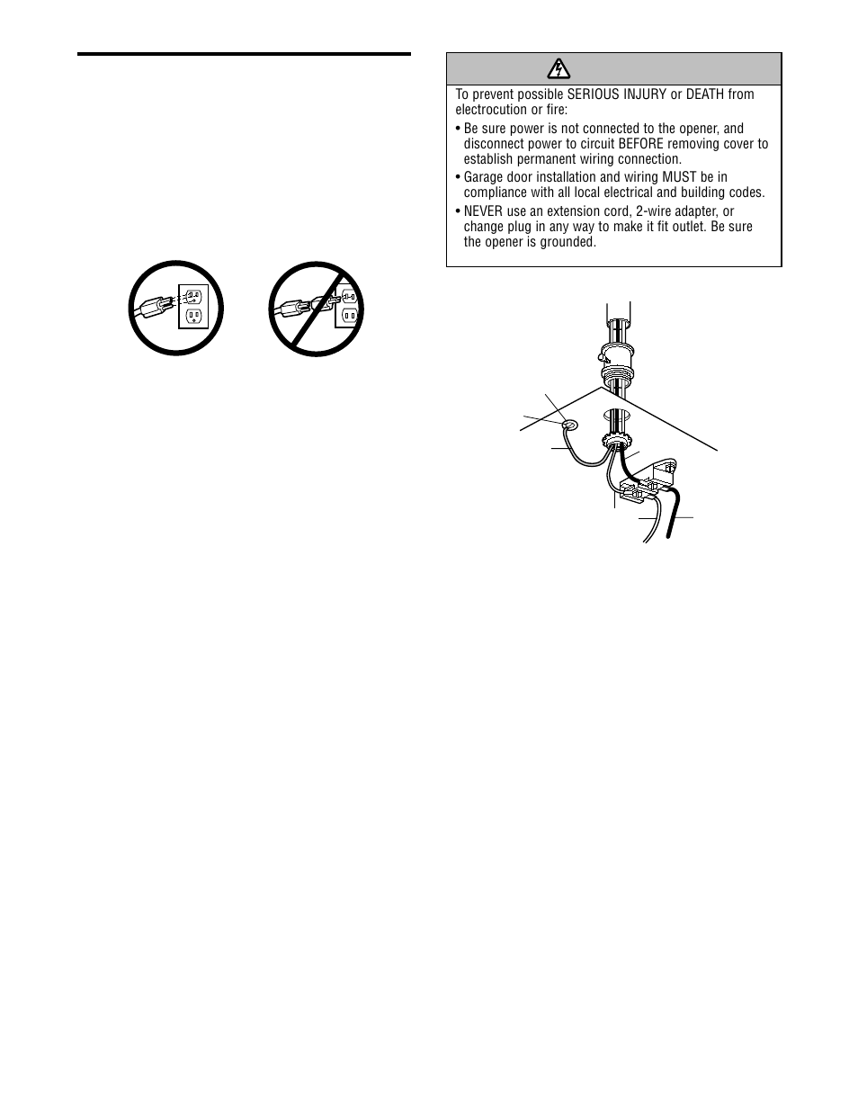 Electrical requirements, Warning caution warning warning, Installation step 9 | Chamberlain CG40 User Manual | Page 20 / 40